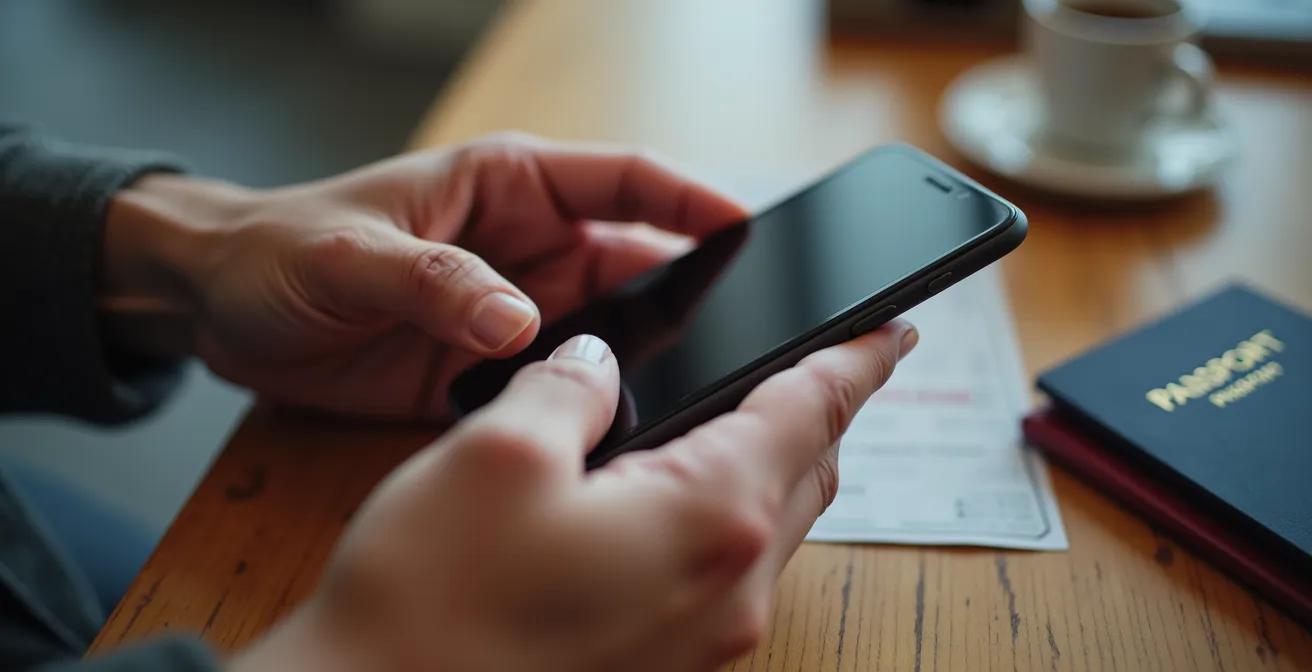 Mano che utilizza app bancaria su smartphone per impostare notifica viaggio