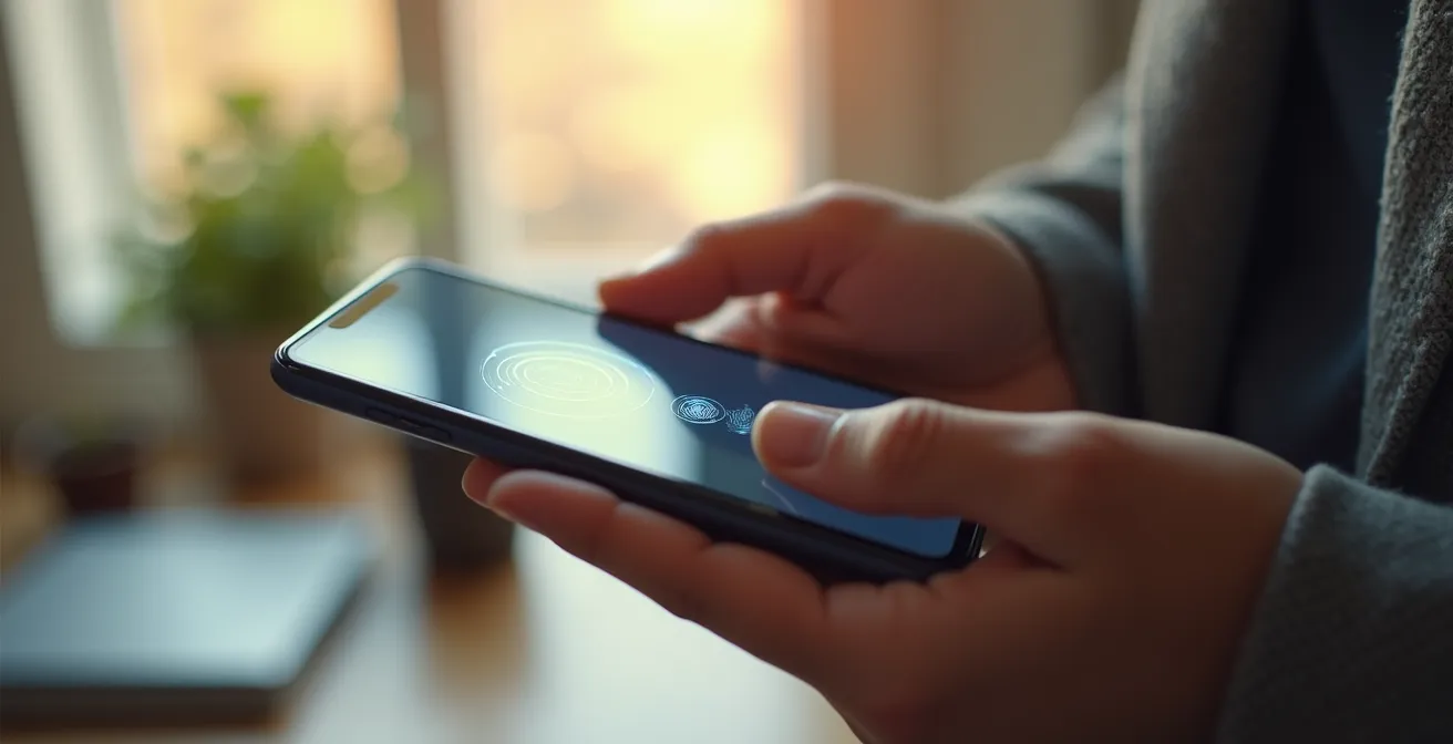 Mani che tengono smartphone durante processo di attivazione app bancaria con impronta digitale