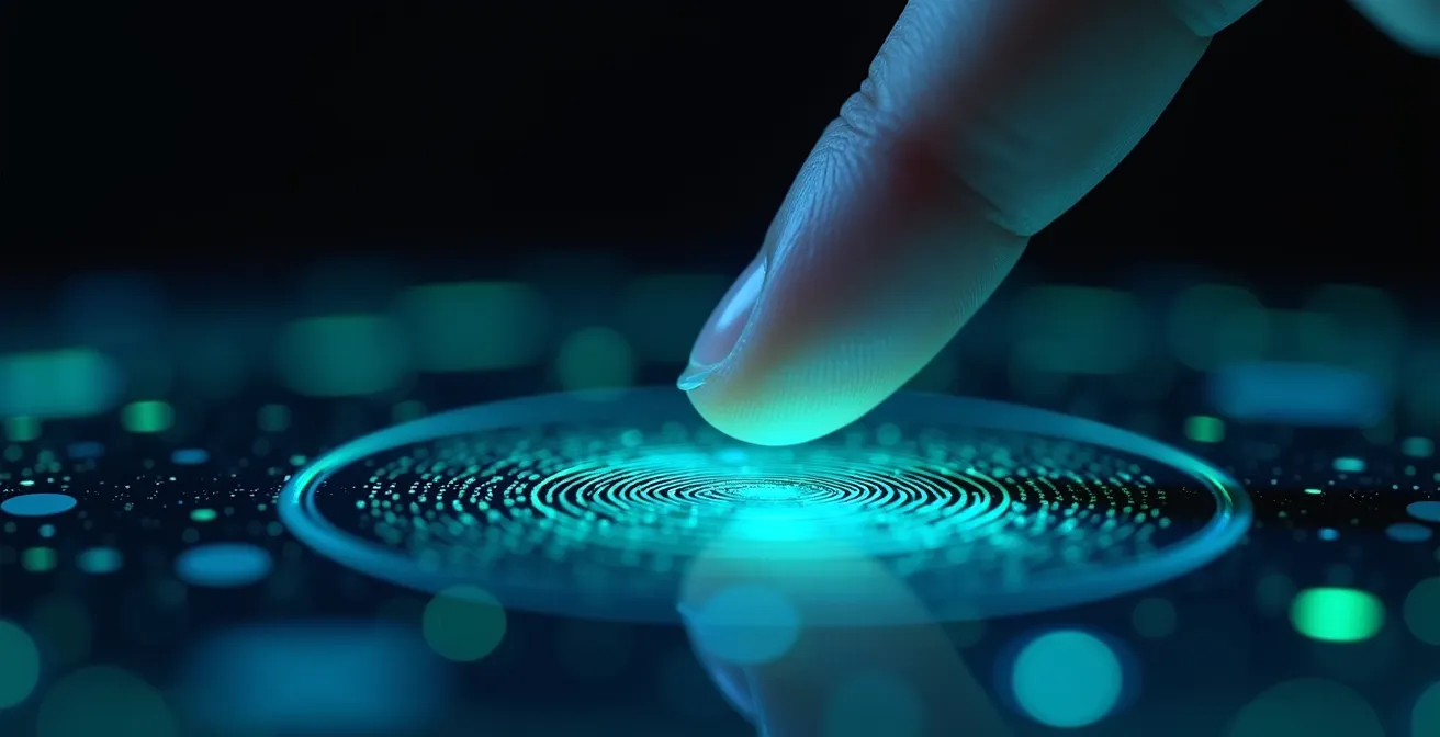 Dettaglio macro di impronte digitali luminescenti su superficie di vetro con pattern biometrici astratti