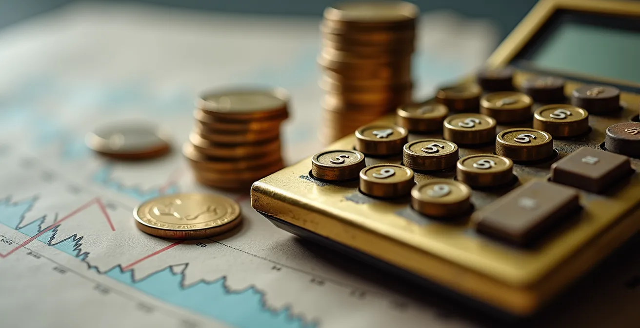 Calcolatrice e grafici azionari su tavolo con monete impilate a rappresentare il calcolo del costo medio ponderato