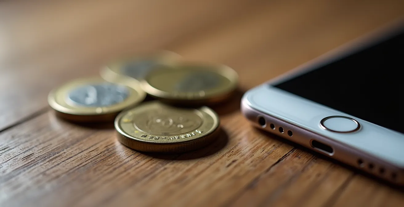 Vista macro di monete euro accanto a chiavetta token e smartphone su superficie in legno