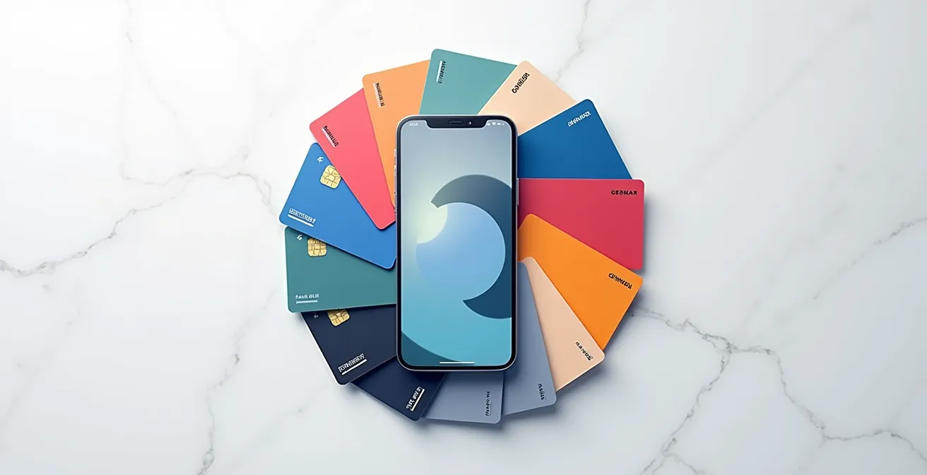 Diverse carte bancarie italiane disposte accanto a smartphone con wallet aperti
