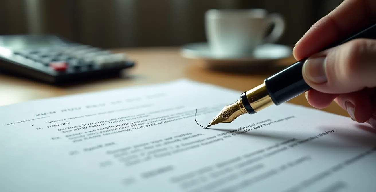 Documenti contrattuali per acquisto casa con penna e calcolatrice su tavolo