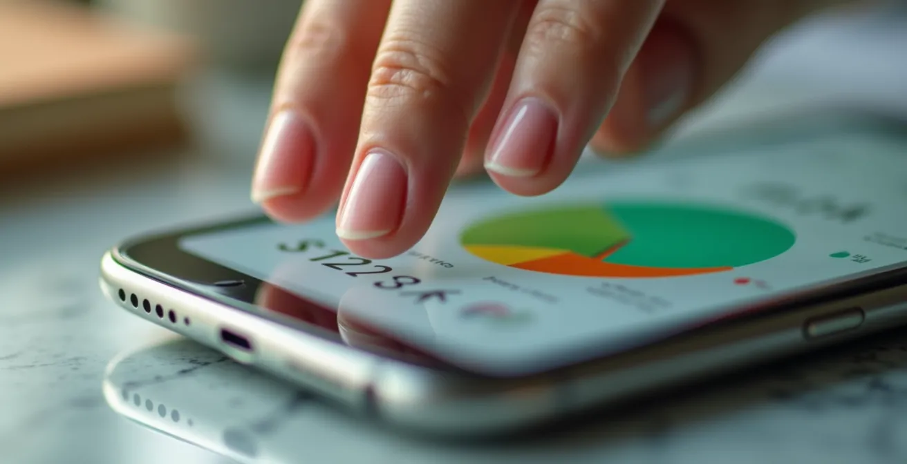 Persona che controlla le spese su app bancaria con grafici
