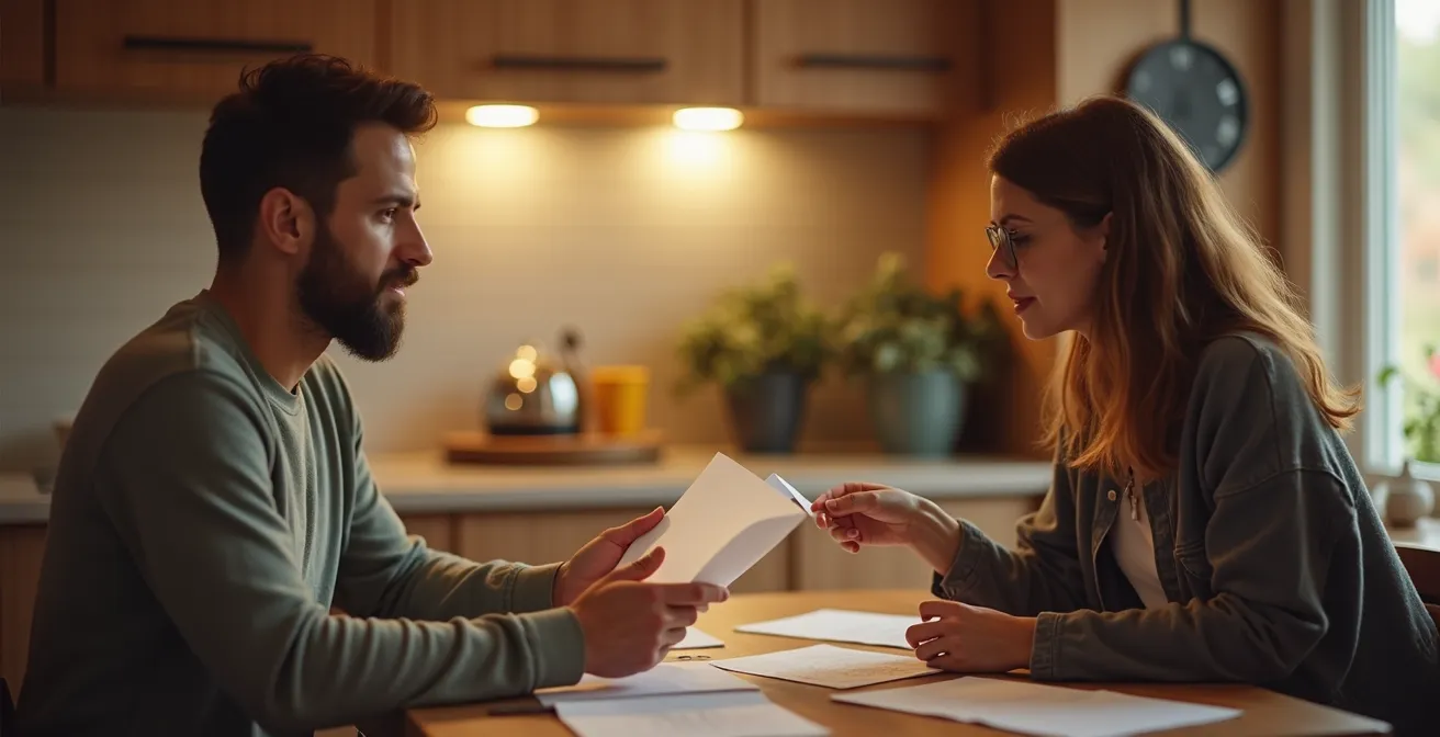 Coppia discute documenti finanziari in ambiente domestico sereno