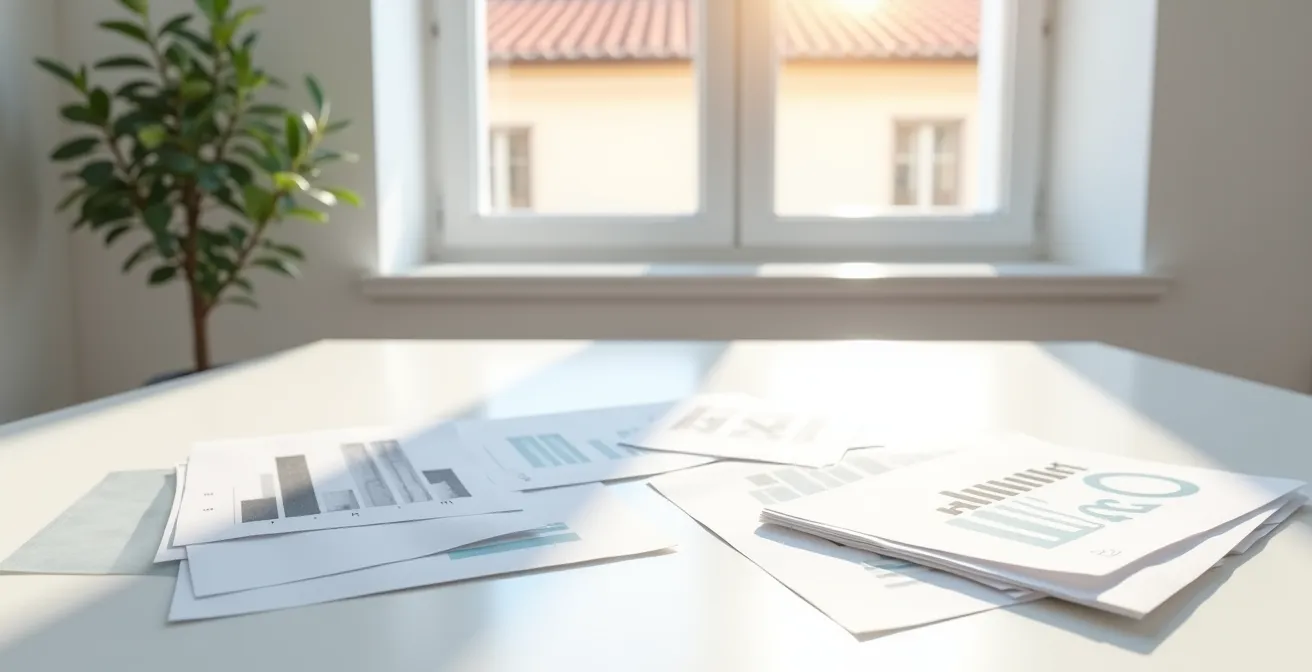 Ambiente minimalista con documenti bancari disposti ordinatamente su tavolo bianco con luce naturale