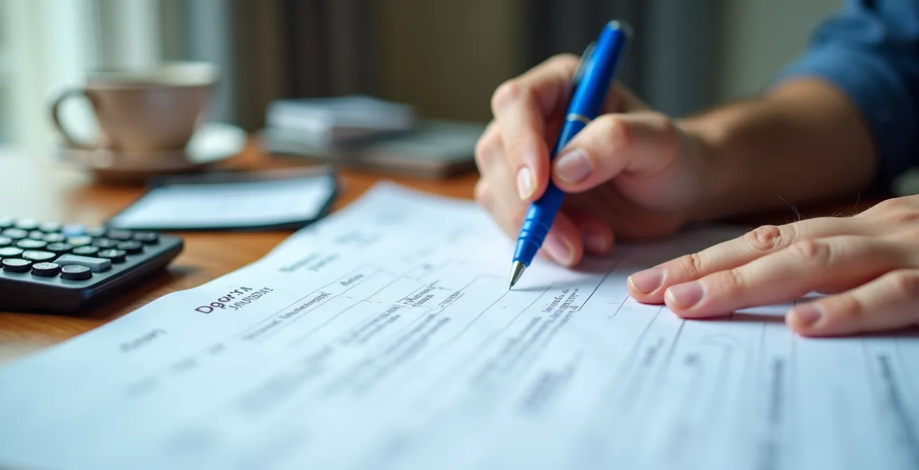 Mani che compilano un modulo per la sospensione del mutuo con calcolatrice e documenti bancari.