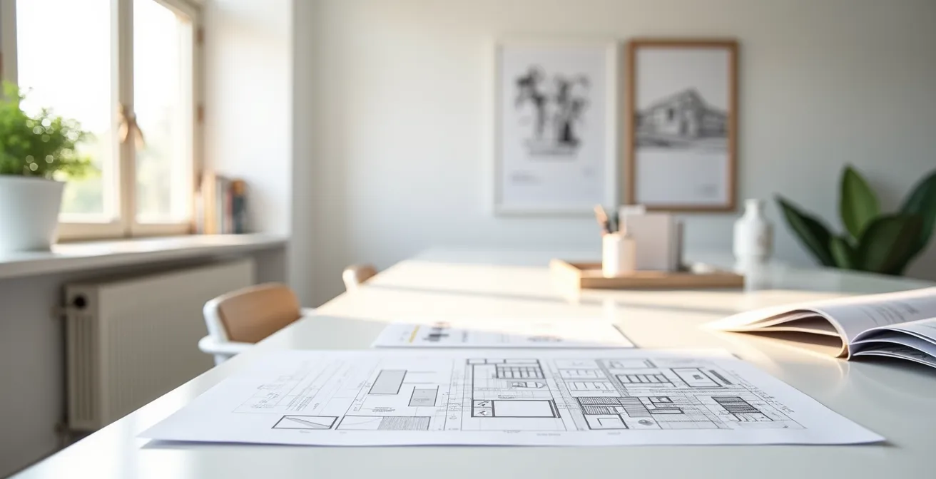 Documenti immobiliari organizzati su tavolo con planimetrie e certificazioni energetiche