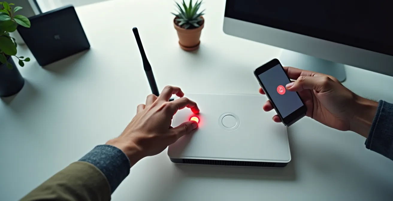 Mani che disconnettono urgentemente smartphone e laptop dalla rete