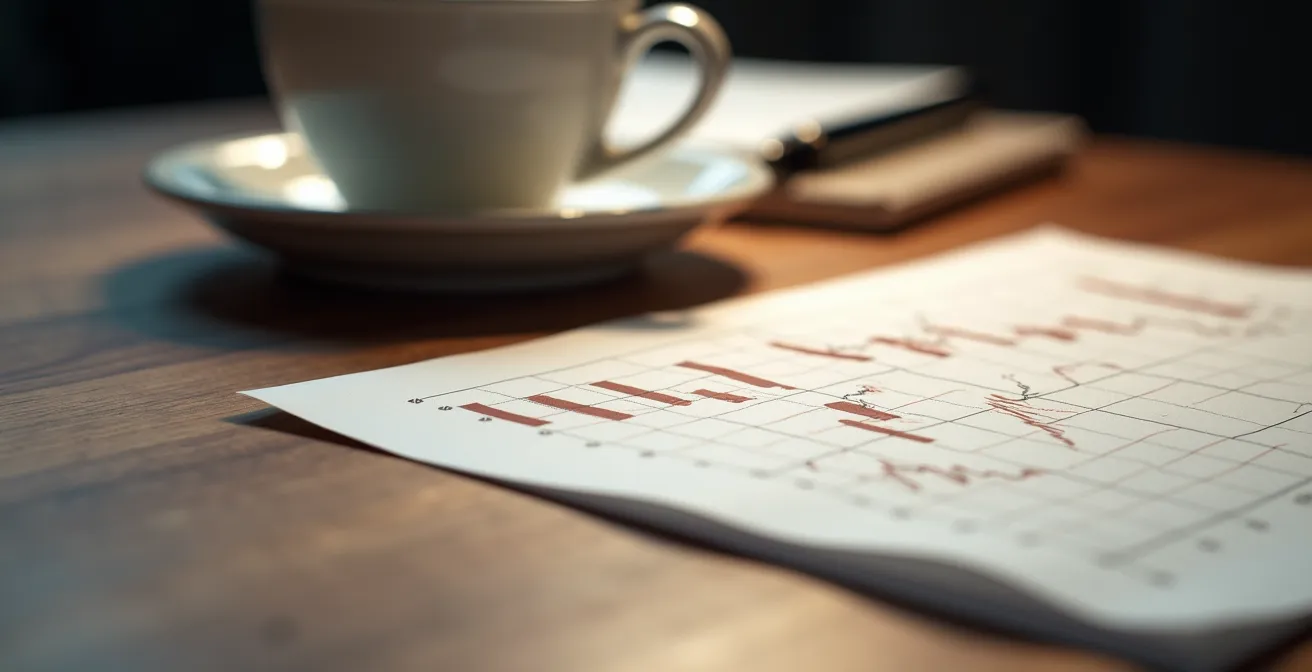 Visualizzazione macro di grafici finanziari con curve dell'Euribor su superficie di legno italiano