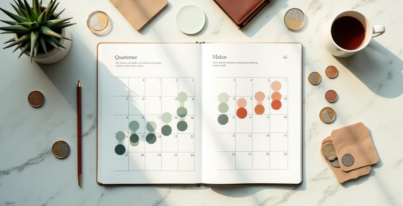 Vista aerea minimalista di un calendario finanziario con marcatori colorati per le scadenze cedolari