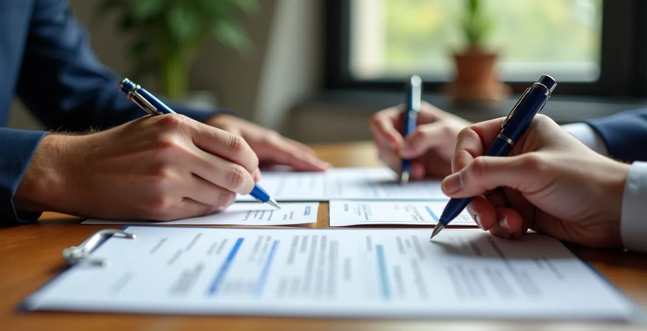 Mani di due persone che firmano documenti di garanzia mutuo in un ufficio bancario