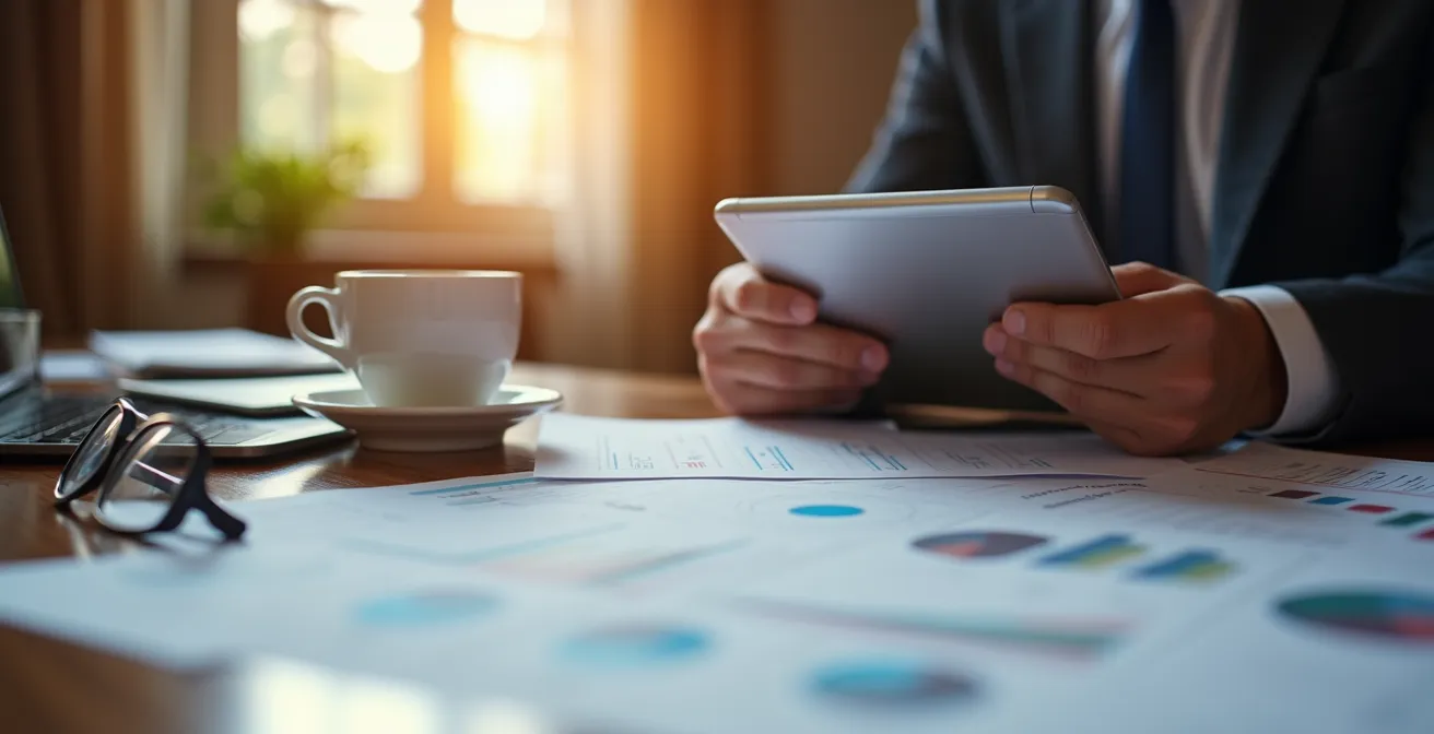 Mani che utilizzano un tablet per operazioni bancarie con documenti sul tavolo