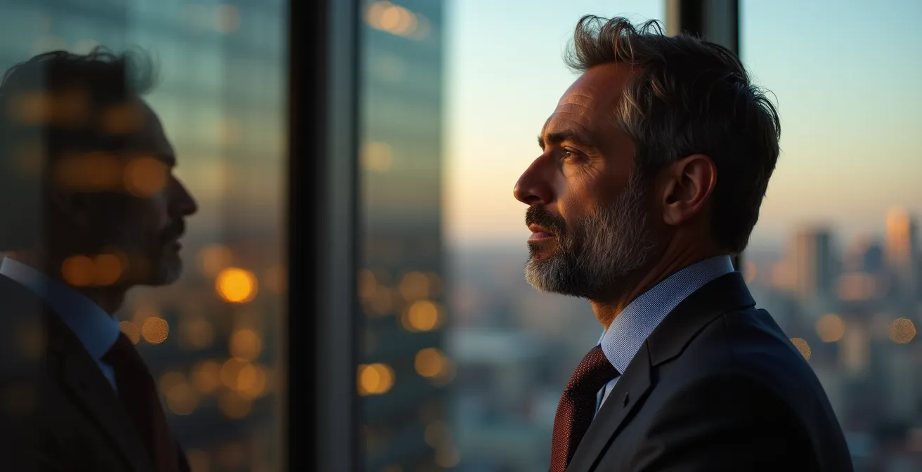 Uomo d'affari contempla grafici di mercato dalla finestra di un grattacielo, simbolo della decisione tra rischio e realizzo