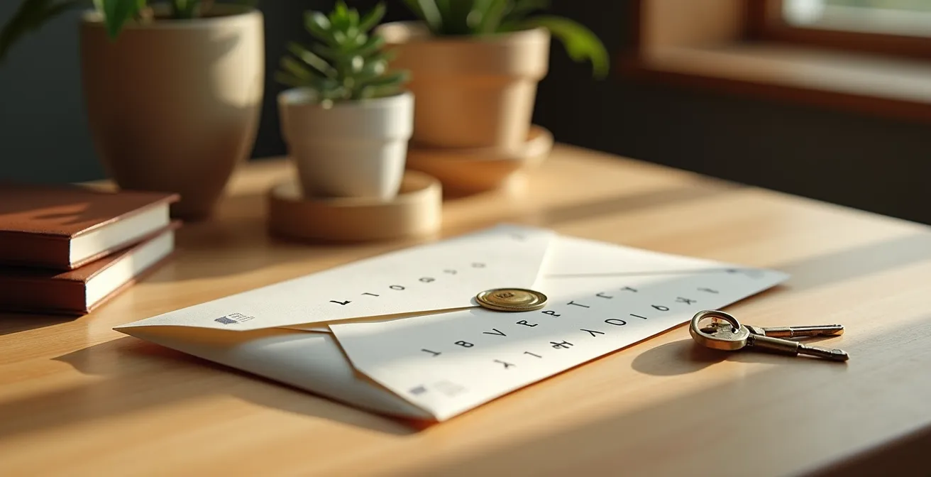 Kit di recupero analogico per codici di emergenza bancari, con busta sigillata e taccuino su una scrivania.