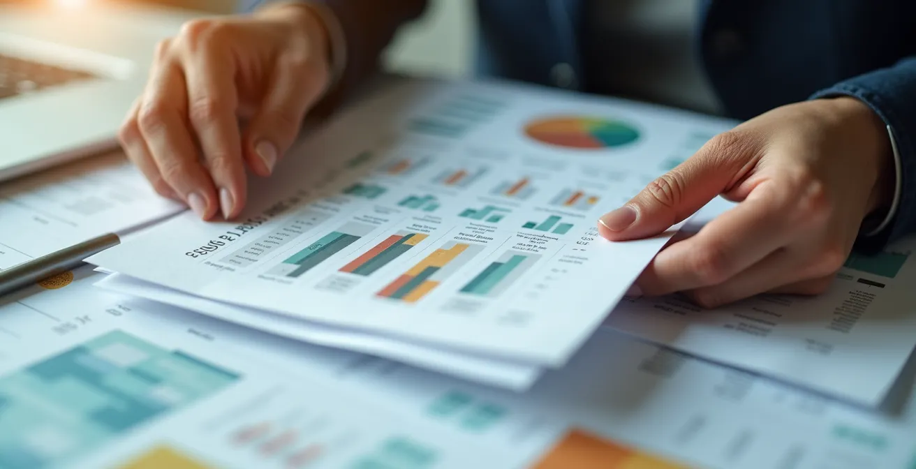 Dettaglio ravvicinato di mani che organizzano documenti finanziari su scrivania