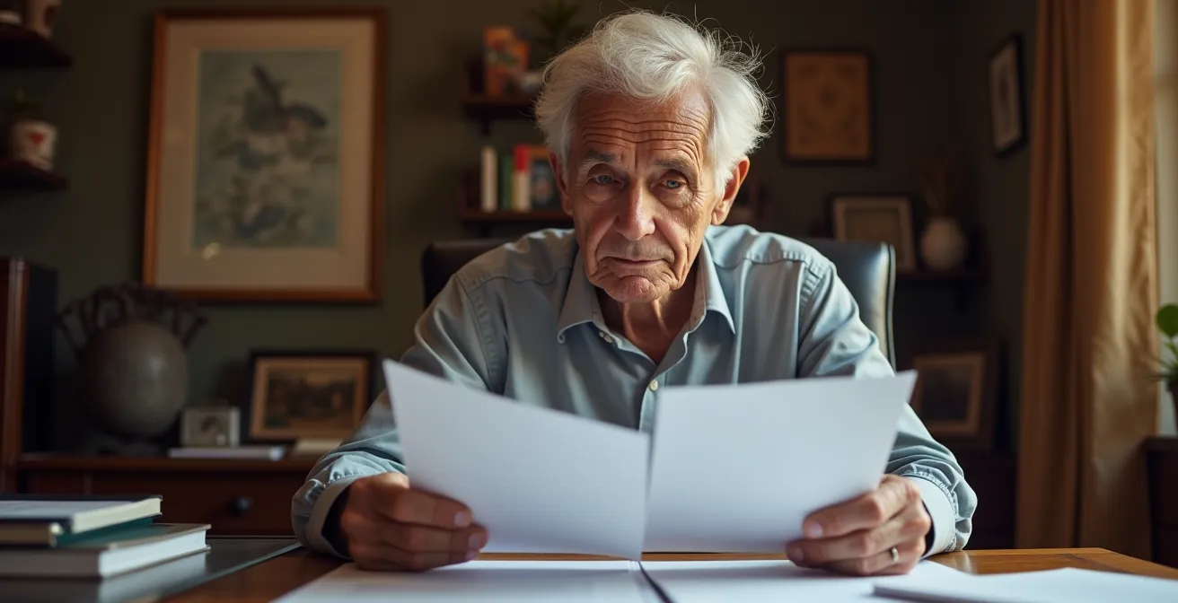 Pensionato che valuta documenti finanziari per cessione del quinto