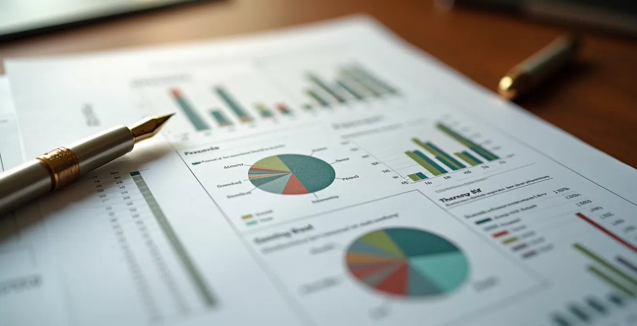 Vista macro di documenti finanziari con grafici colorati e analisi di portafoglio su scrivania in legno