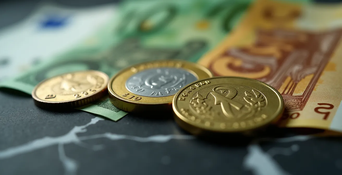 Monete euro e zloty polacco in bilancia con grafici finanziari