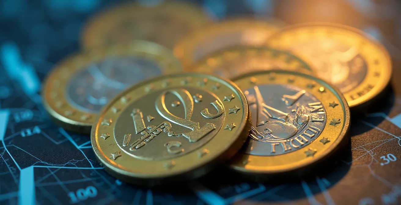 Torre della BCE a Francoforte con grafici finanziari sovrapposti in trasparenza