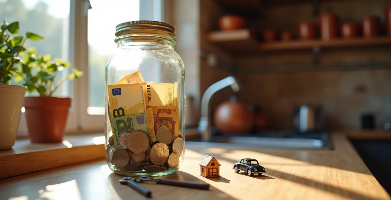 Salvadanaio trasparente con euro per emergenze domestiche su tavolo italiano