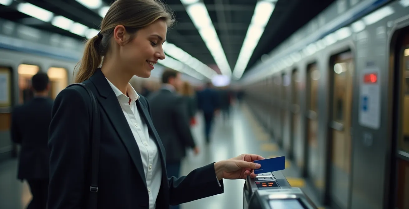 Persona che usa carta contactless in metropolitana con sicurezza