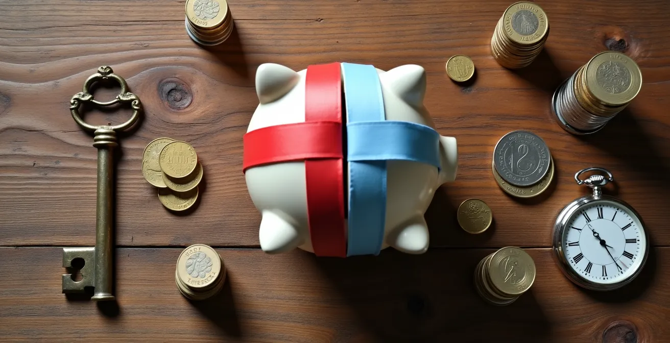 Vista dall'alto di un tavolo con salvadanaio diviso in sezioni per emergenze e investimenti