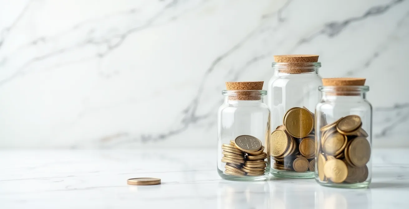 Vista aerea di tre contenitori di vetro trasparenti con diverse quantità di monete euro, disposti in gradazione crescente