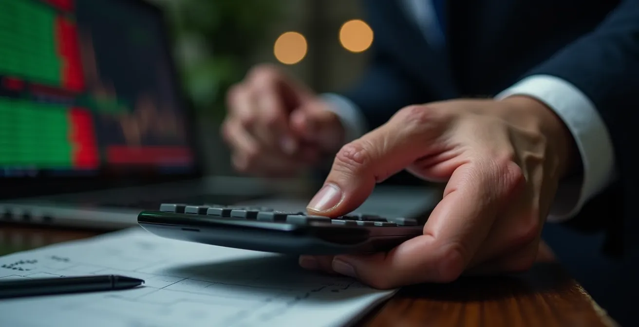 Primo piano di mani che stringono nervosamente una calcolatrice, con grafici di borsa sfocati sullo sfondo