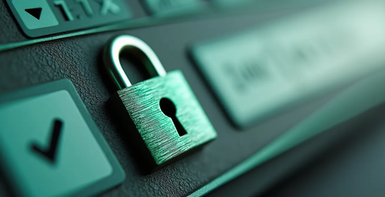 Vista macro del lucchetto verde nella barra degli indirizzi con dettagli del certificato SSL sfocati sullo sfondo